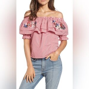 LOST + WANDER Embroidered Gingham Off the Shoulder Top